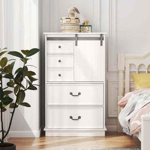 NEW 51'' Farmhouse Drawer Chest With Sliding Door, Multi-Storage Drawer Dresser With 5 Drawers And Storage Shelf, Tall Chest Of Drawers With Adjustable Shelves For Bedroom, Living Room