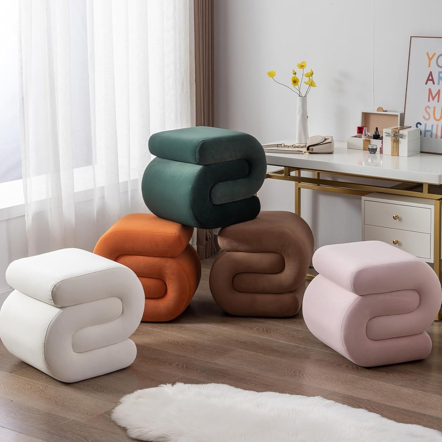 NEW Orange Contemporary Premium S Shape Ottoman Footstool