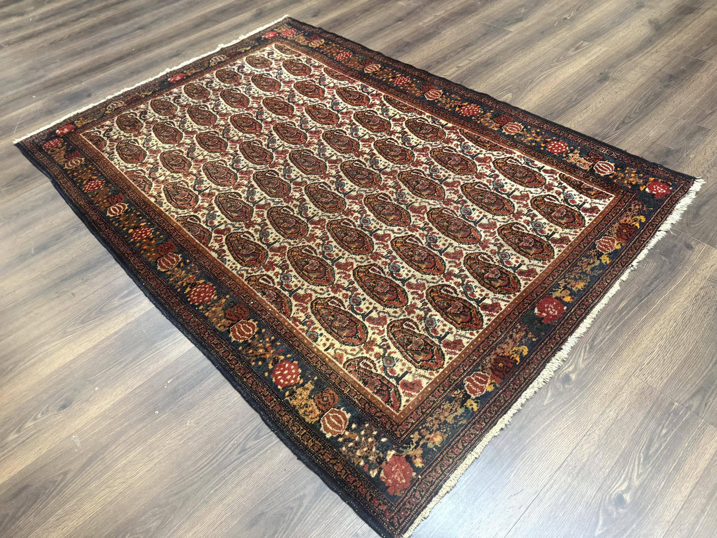 USED Antique Persian Kurdish Senneh Rug 4.6 x 6.5, Repeated Paisely Boteh Design, Handmade