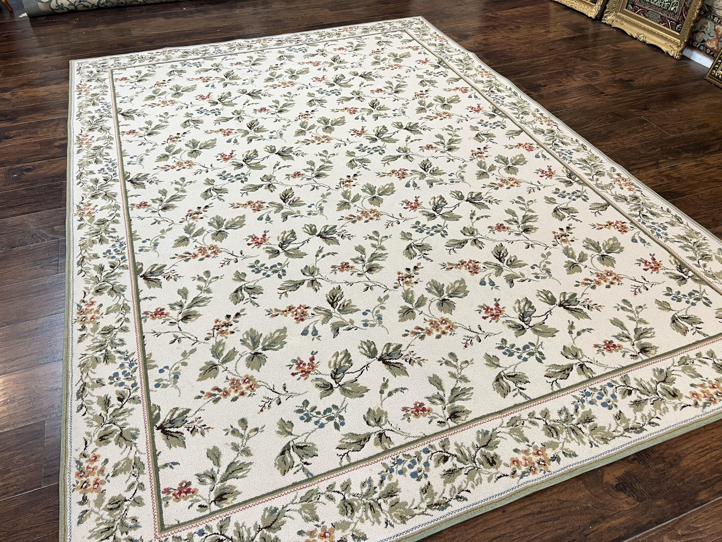 USED Vintage Stark Carpet 7x10, Ivory and Green, European Aubusson Design, Allover Pattern, Stark Rug