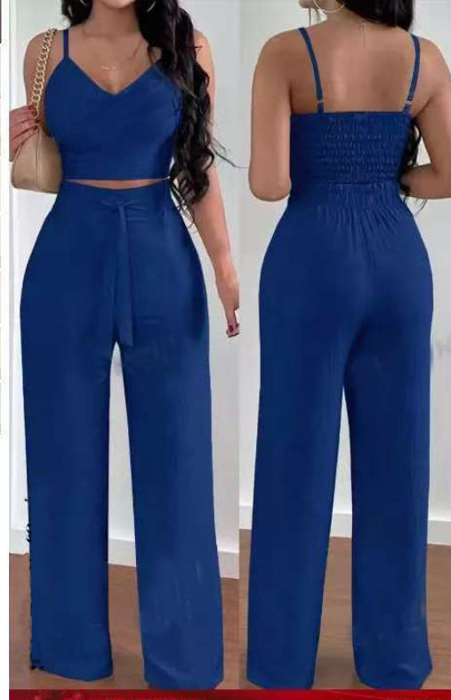 NEW Women's Solid Color Slim Elastic Pleated Two-Piece Suit Sexy Spaghetti Strap V-neck Backless Vest High Waist Wide Leg Pants Suit