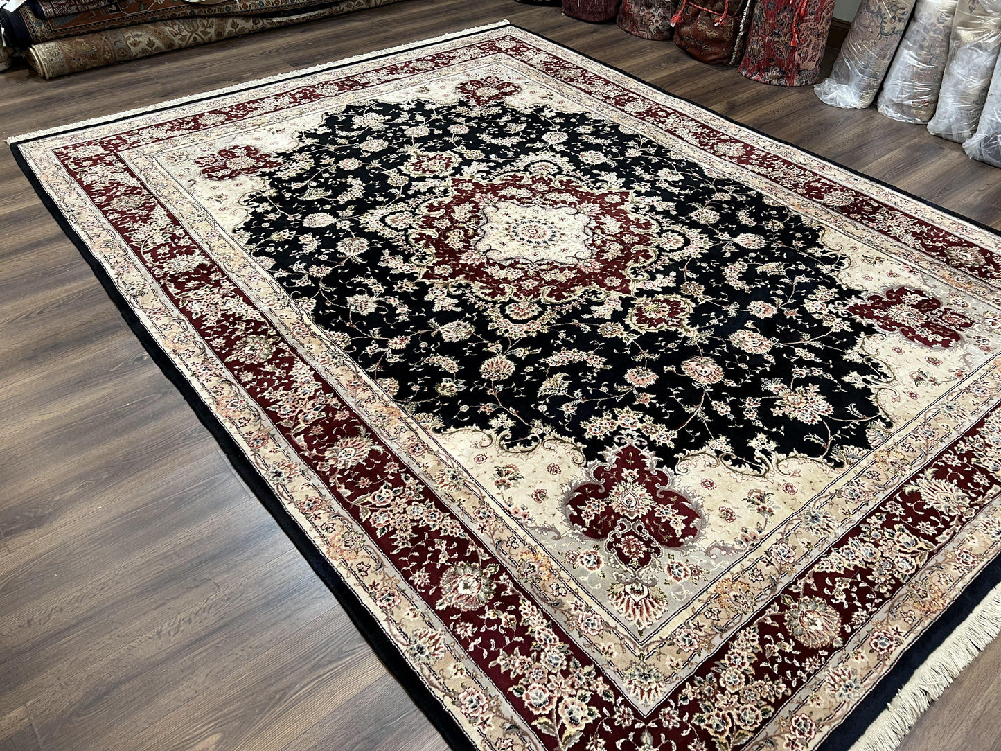 USED Pak Persian Rug 8.8 x 10.6, Floral Medallion, Wool and Silk Hand Knotted Fine Oriental Carpet, Elegant Rug, Black Gray Burgundy, Room Sized