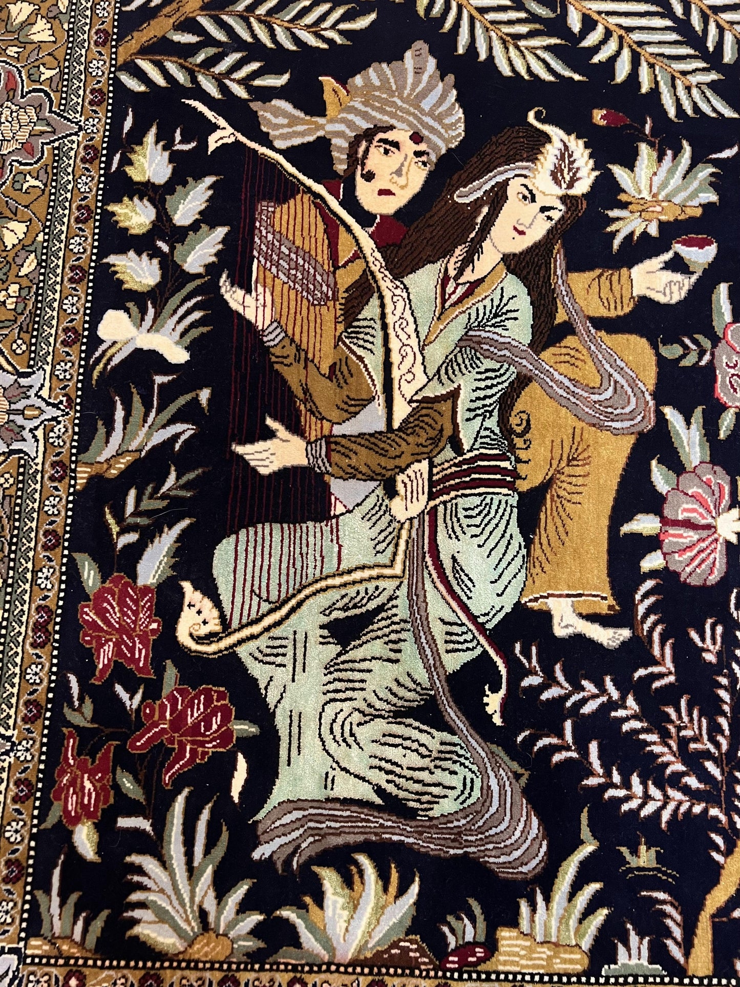 USED Persian Qum Pictorial Rug 4.8 x 6.5 - Layla & Majnun, Birds