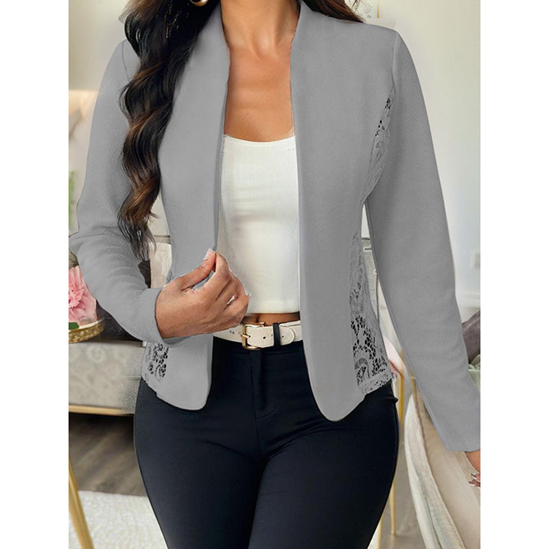 New Women's Casual Lace Contrast Open Front Cardigan Jacket Long Sleeve Work Office Suit