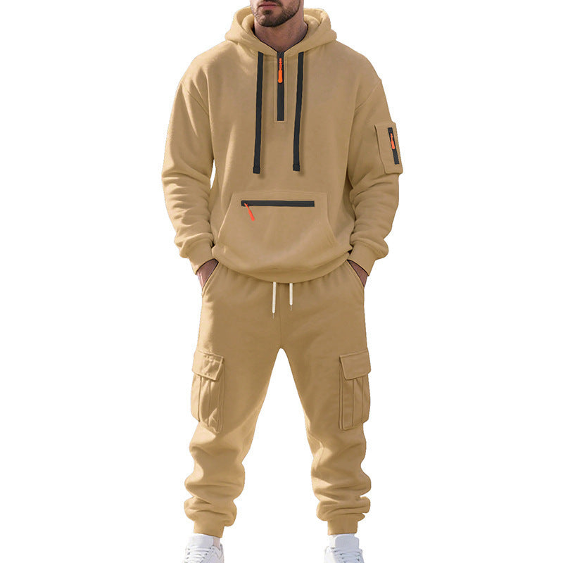 New Men's Loose Sports And Leisure Suit Sweater Fleece-lined Hoodie Set Zipper Multi-Pocket Pullover Men's Sports Casual Top Two-piece Set