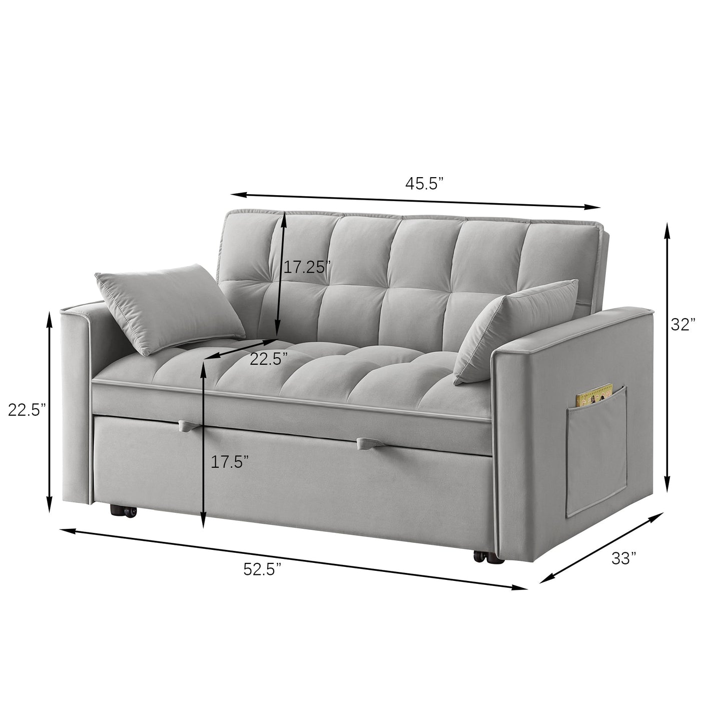 NEW 4 in1 Loveseat Sofa Bed with Armrests & Storage Pockets, Multi-Function Tufted Pull-out Sofa Bed with Adjustable Backrest and Pillows, Convertible Loveseat Sofa Couch, Gray