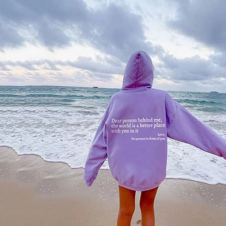 New Dear Person Behind Me,the World Is A Better Place,with You In It,love,the Person In Front Of You,Women's Plush Letter Printed Kangaroo Pocket Drawstring Printed Hoodie Unisex Trendy Hoodies