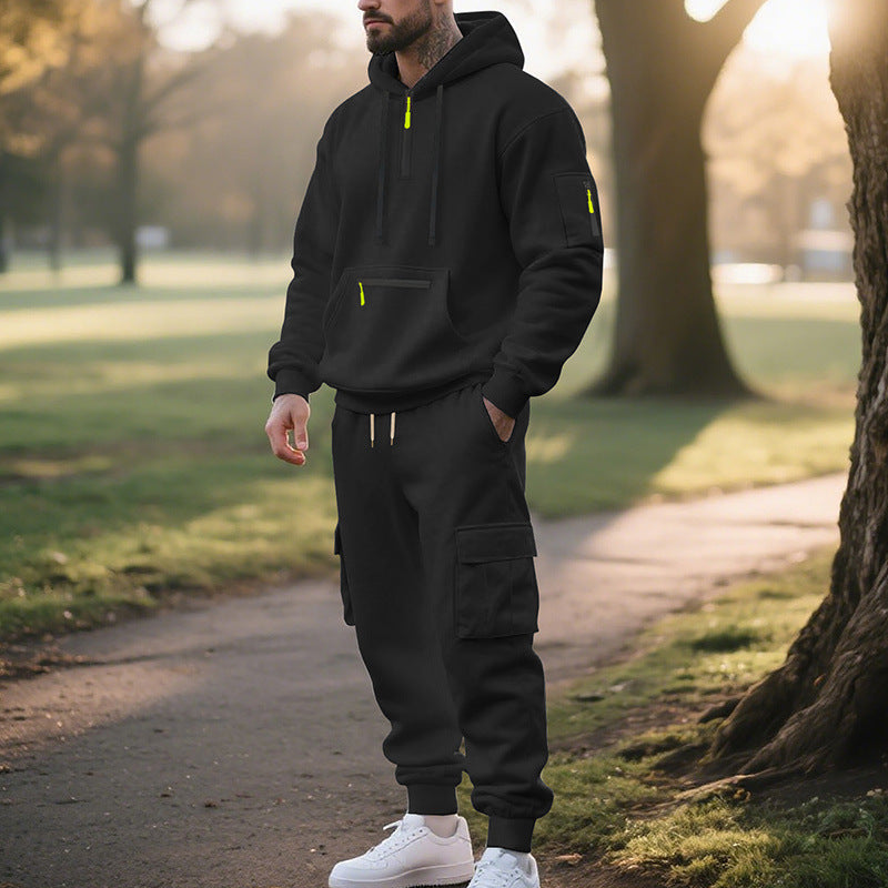 New Men's Loose Sports And Leisure Suit Sweater Fleece-lined Hoodie Set Zipper Multi-Pocket Pullover Men's Sports Casual Top Two-piece Set