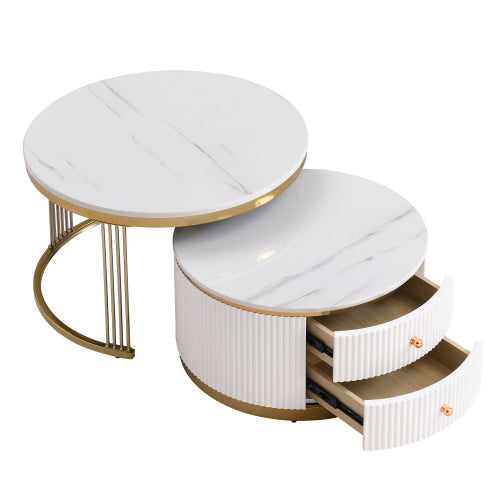 NEW Modern 2-piece White Circular Nested Coffee Table With Drawers, 27.6 Inches