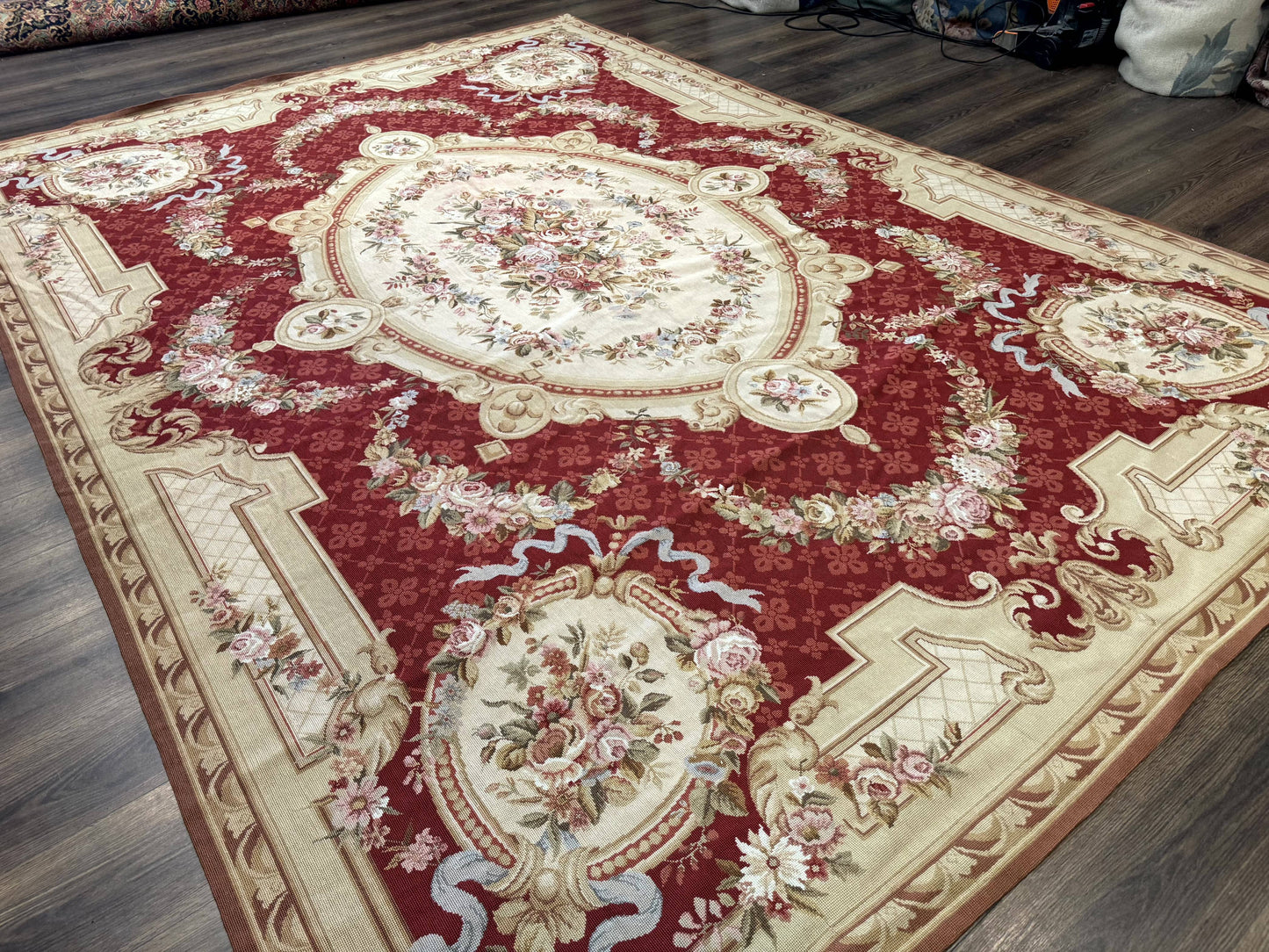 USED Aubusson Rug 8x11, Needlepoint Carpet, Red Ivory Beige, Vintage, French European Design