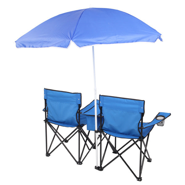 NEW Blue Outdoor Portable 2 Seat Beach Fishing Folding Chair With Umbrella