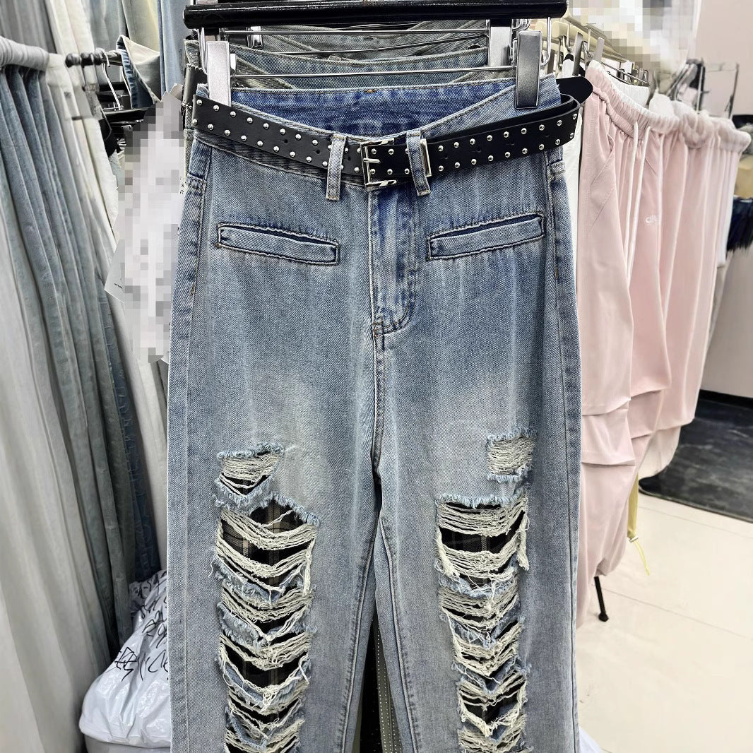 NEW Blue With Holes Design Straight Jeans