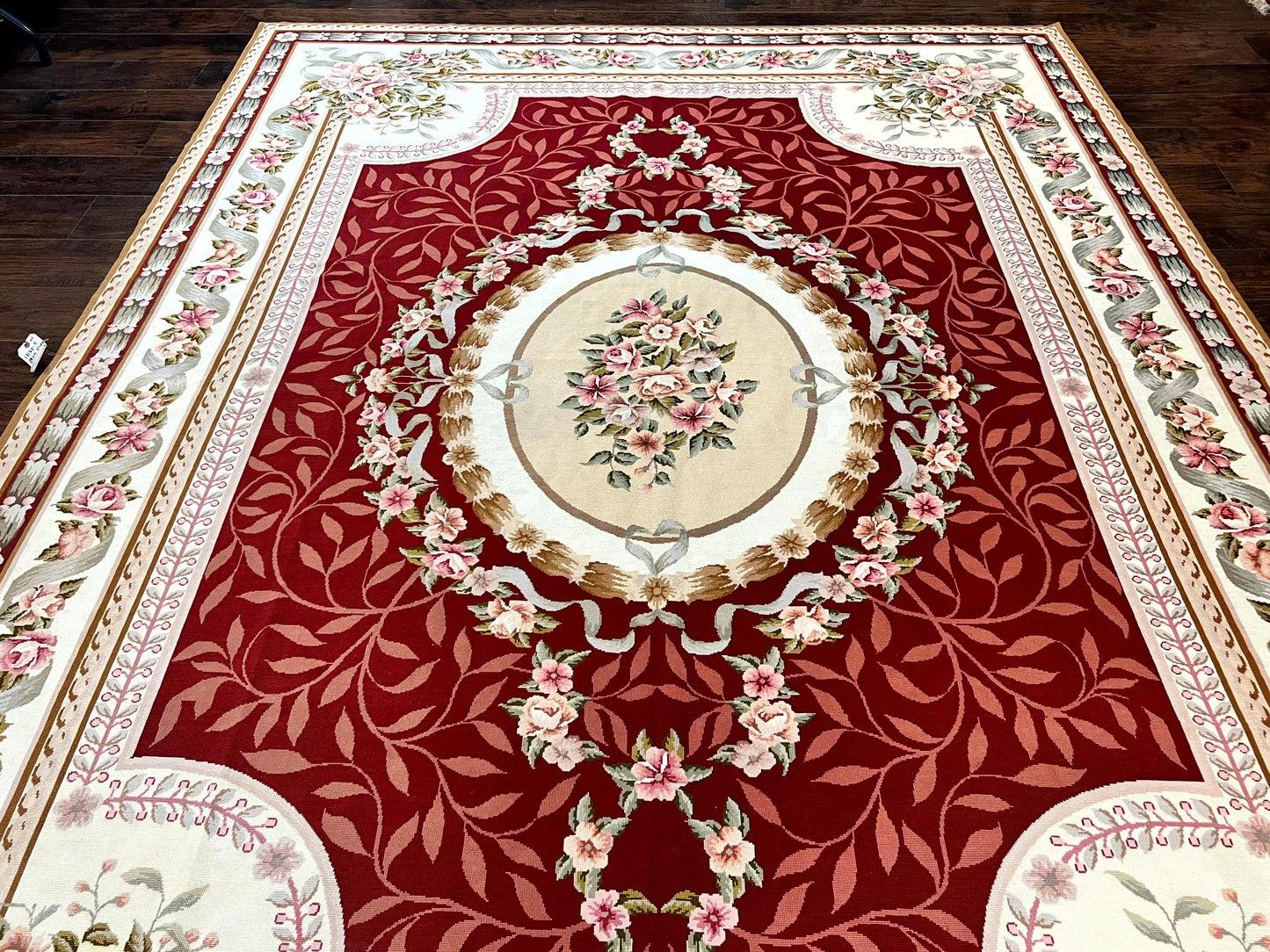 USED Wonderful Aubusson Rug 9x12, Handmade Vintage Needlepoint Carpet, Red and Ivory, Elegant European Design, Wool
