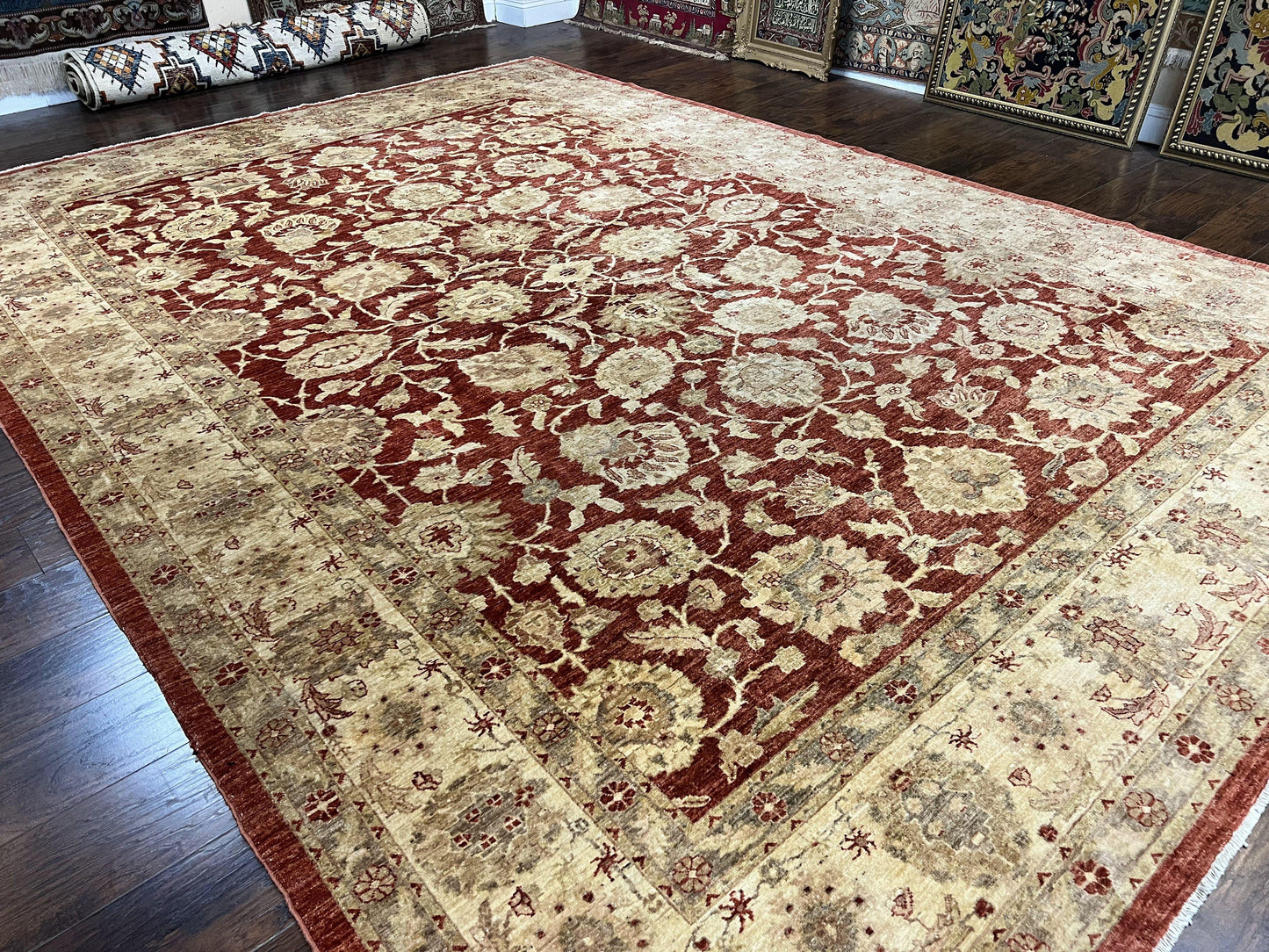 USED Pak Persian Rug 10x14, Sultanabad Mahal Peshawar Chobi Carpet, Large Vintage Wool Oriental Rug, Maroon & Beige, Floral Allover, Handmade