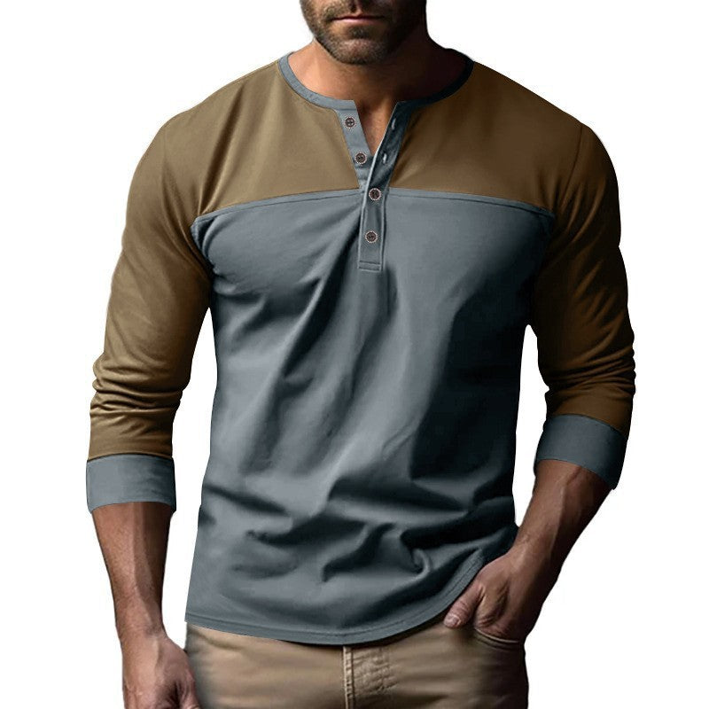 New Retro Trendy Long-sleeve Color Matching Henry Collar Bottoming Shirt Casual T-shirt