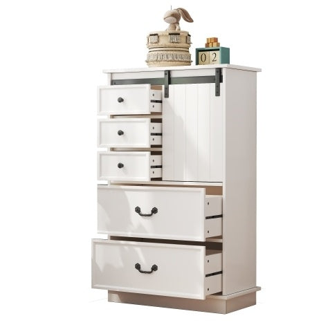 NEW 51'' Farmhouse Drawer Chest With Sliding Door, Multi-Storage Drawer Dresser With 5 Drawers And Storage Shelf, Tall Chest Of Drawers With Adjustable Shelves For Bedroom, Living Room