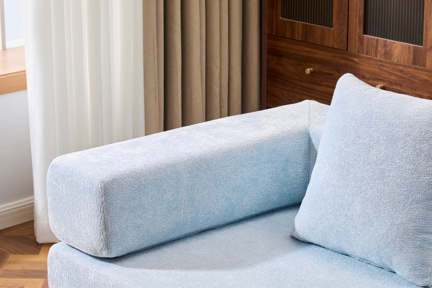 NEW Light Blue Chenille Fabric Floor Couch Compression Convertible Sofa Bed with Pillow Back Support Armrest Comfy Futon Couch Lounge Sleeper Bed