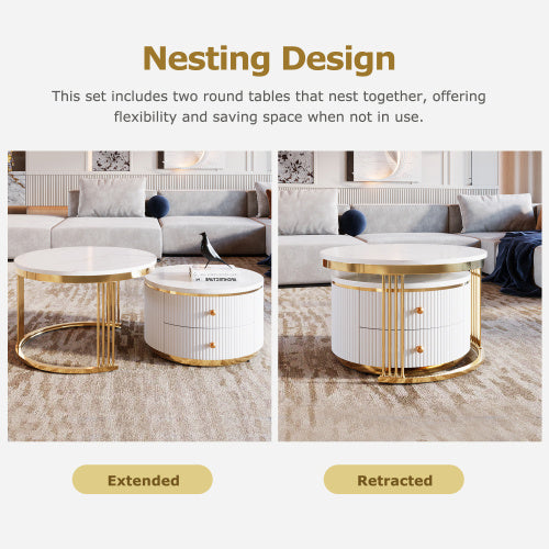 NEW Modern 2-piece White Circular Nested Coffee Table With Drawers, 27.6 Inches