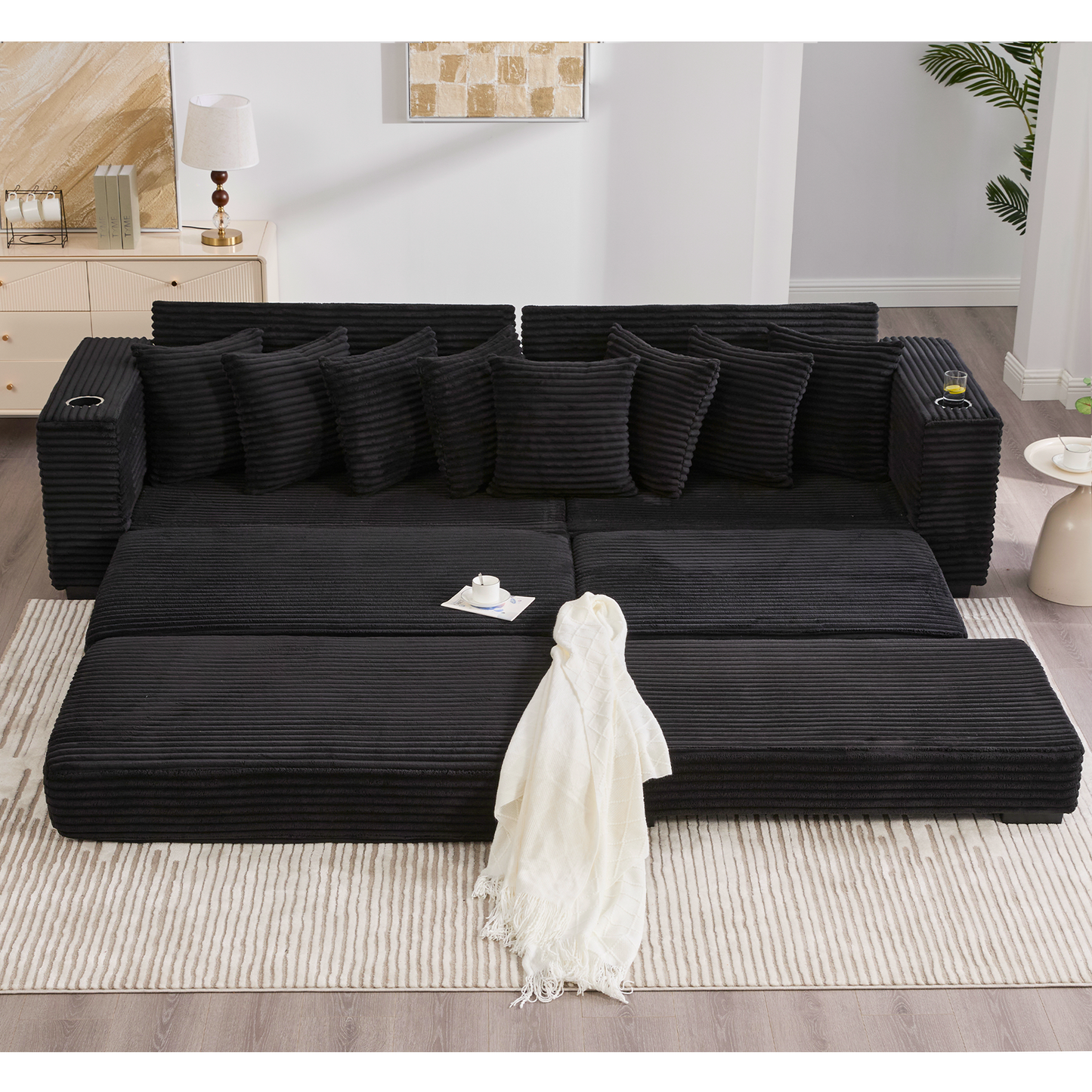 NEW Modular L Shaped Black Corduroy Fabric Sectional Sofa Couch