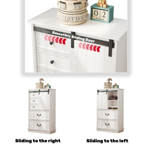 NEW 51'' Farmhouse Drawer Chest With Sliding Door, Multi-Storage Drawer Dresser With 5 Drawers And Storage Shelf, Tall Chest Of Drawers With Adjustable Shelves For Bedroom, Living Room
