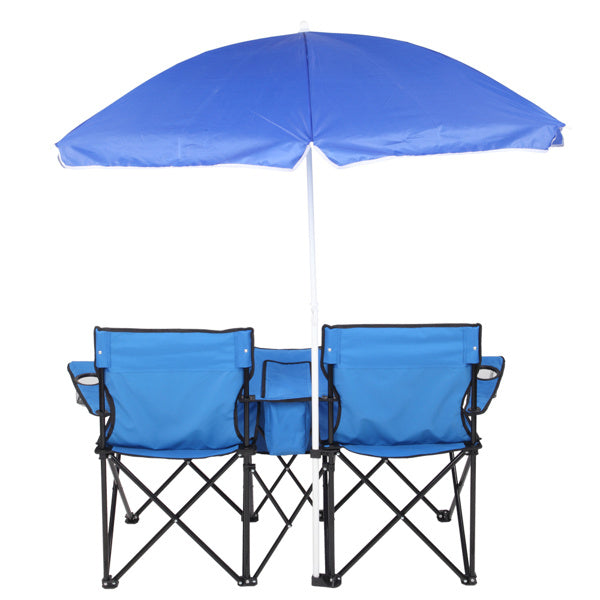NEW Blue Outdoor Portable 2 Seat Beach Fishing Folding Chair With Umbrella