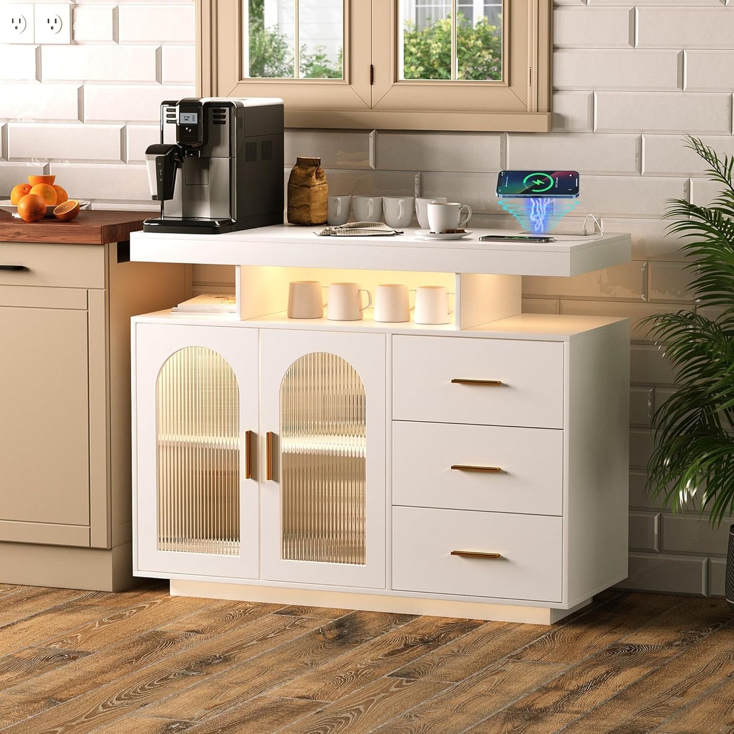 NEW White Sideboard Buffet Cabinet With Charging Station