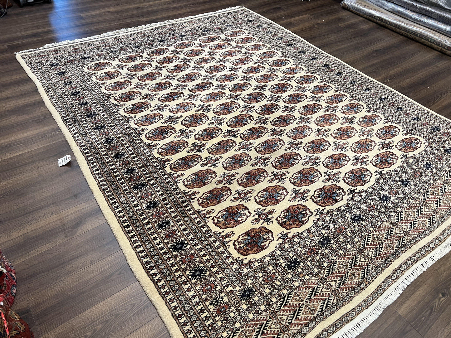 USED Pakistani Bokhara Rug 8x10, Traditional Turkoman Tribal Carpet, Allover Repeated Elephant Foot Motif, Ivory/Cream Black Red, Vintage Handmade