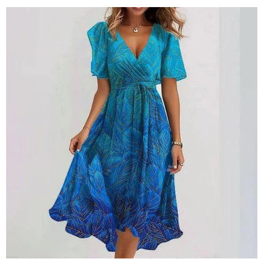 New Chiffon Printed Short Sleeve Dress Summer Elegant V-neck Dresses Womens Clothing