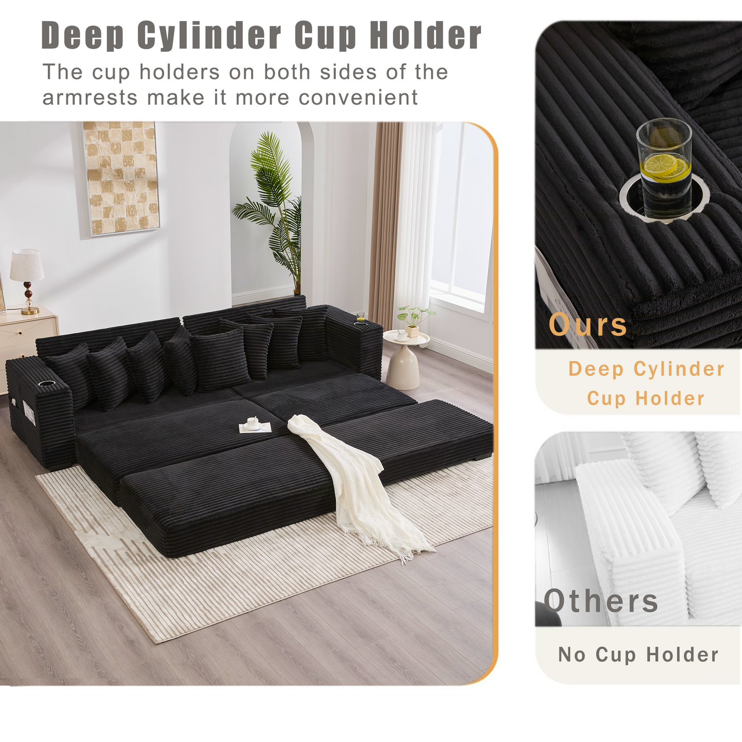 NEW Modular L Shaped Black Corduroy Fabric Sectional Sofa Couch