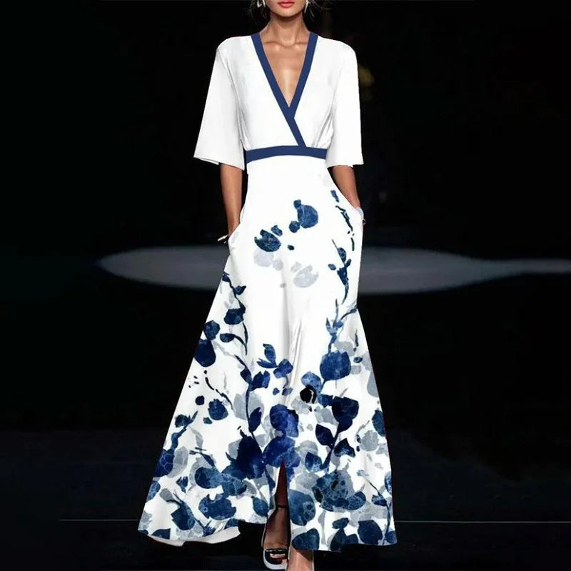 NEW Summer V-neck Split Short-sleeved Dress Fashion Flower Print A-line Long Dresses Party Club Beach Clothing For Women