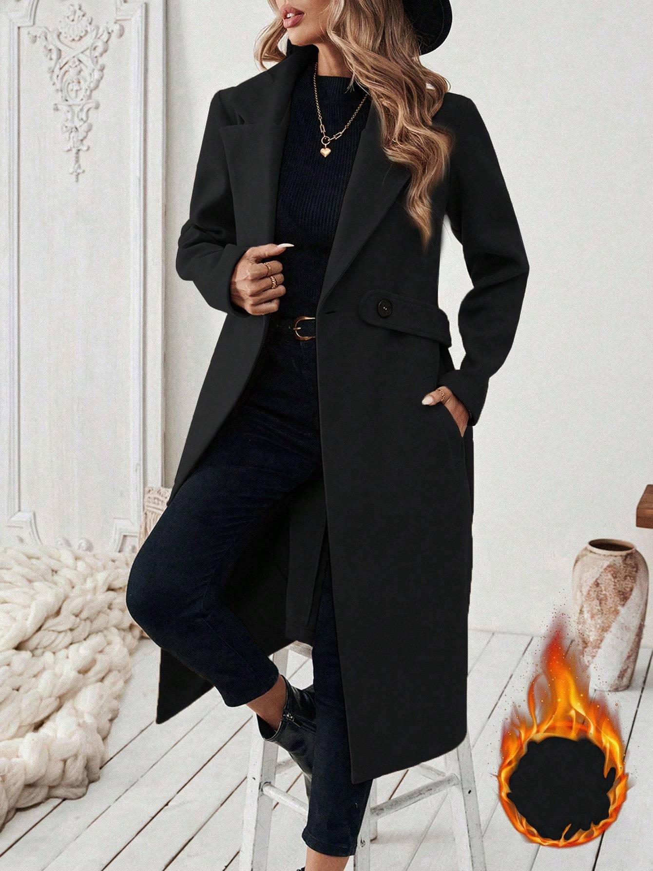 New Flat Collar Solid Color Pocket With Belt Long Sleeve Autumn Winter Coat Jacket