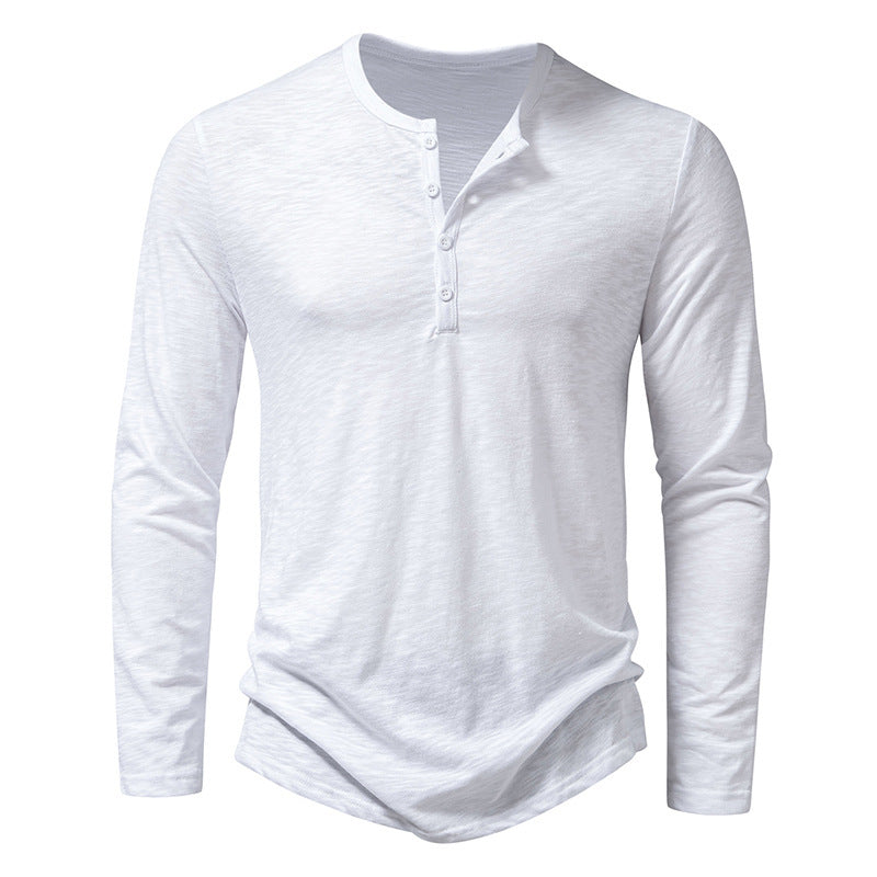 New Men's Long-sleeved T-shirt Fashion Casual Solid Color Pullover Button Top Autumn And Spring Clothing