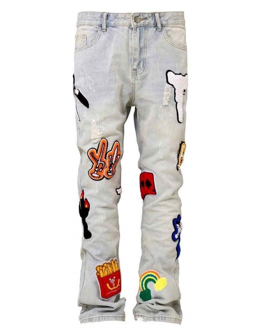 NEW Light Color Irregular Towel Embroidered Slim Straight-leg Denim Trousers