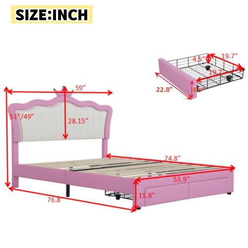 NEW Full Size Upholstered Bed Frame With LED Lights, Modern Upholstered Princess Bed With Crown Headboard, 2 Drawers