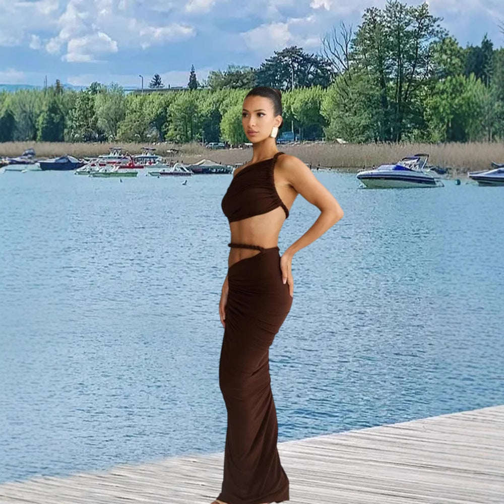 New Diagonal Collar Sling Women's Sleeveless Sheath Midriff Outfit Backless Dress