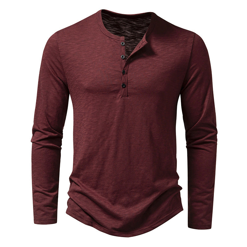 New Men's Long-sleeved T-shirt Fashion Casual Solid Color Pullover Button Top Autumn And Spring Clothing