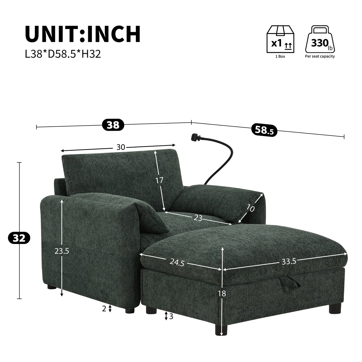 New Chenille Wide Seat Chaise Lounge