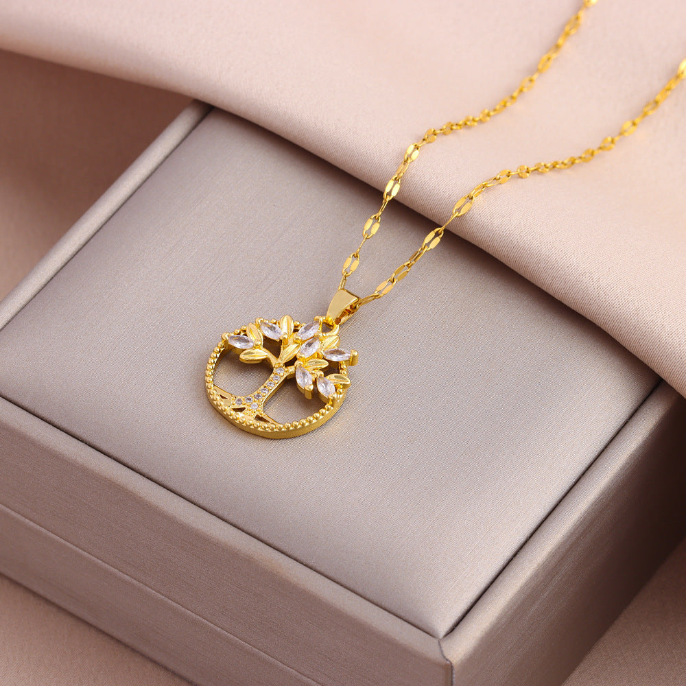 NEW Retro Casual Copper Inlaid Zircon Gold Plated Tree Of Life Pendant