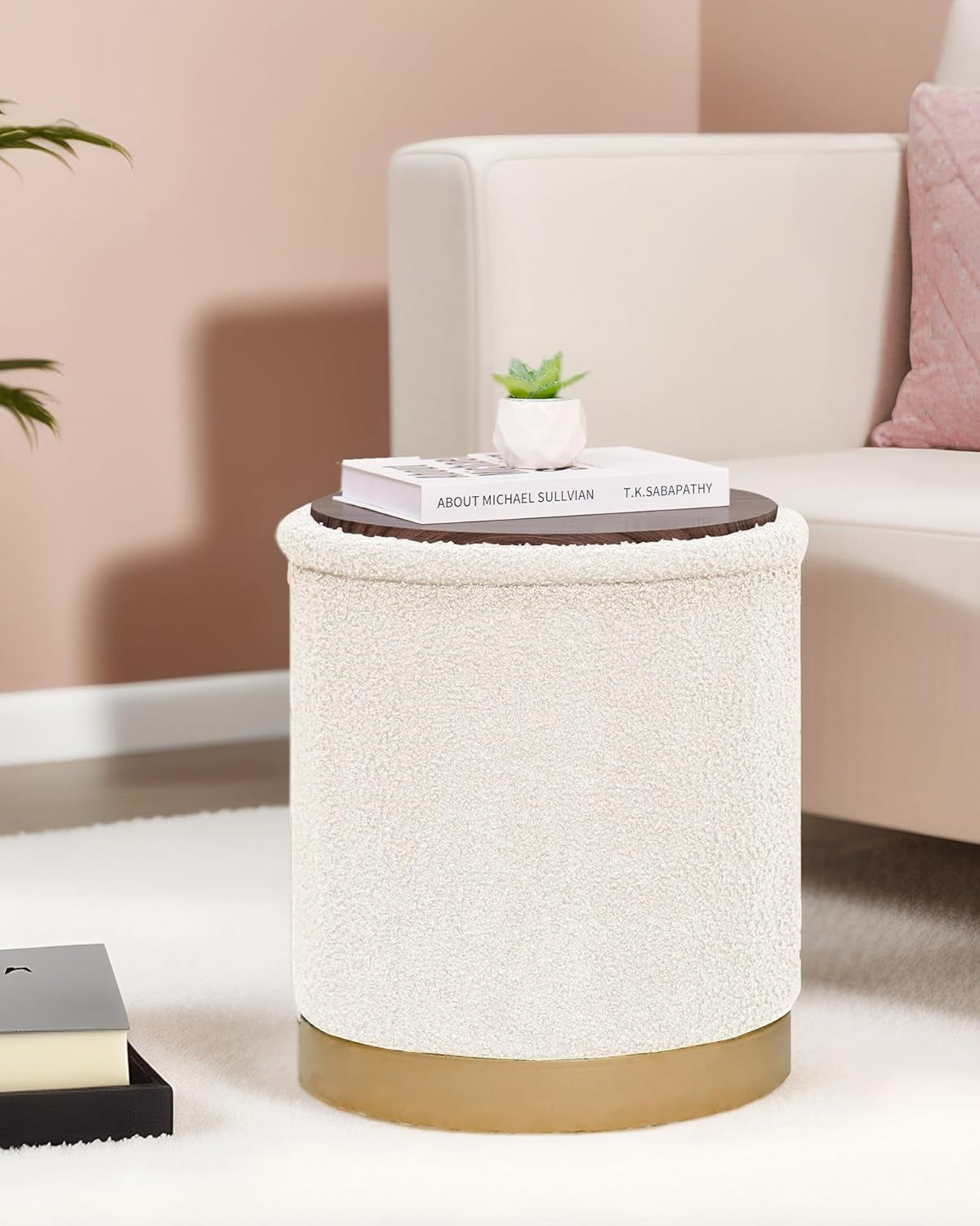 NEW Round White Storage Space Ottoman Gold Plated Base Frame