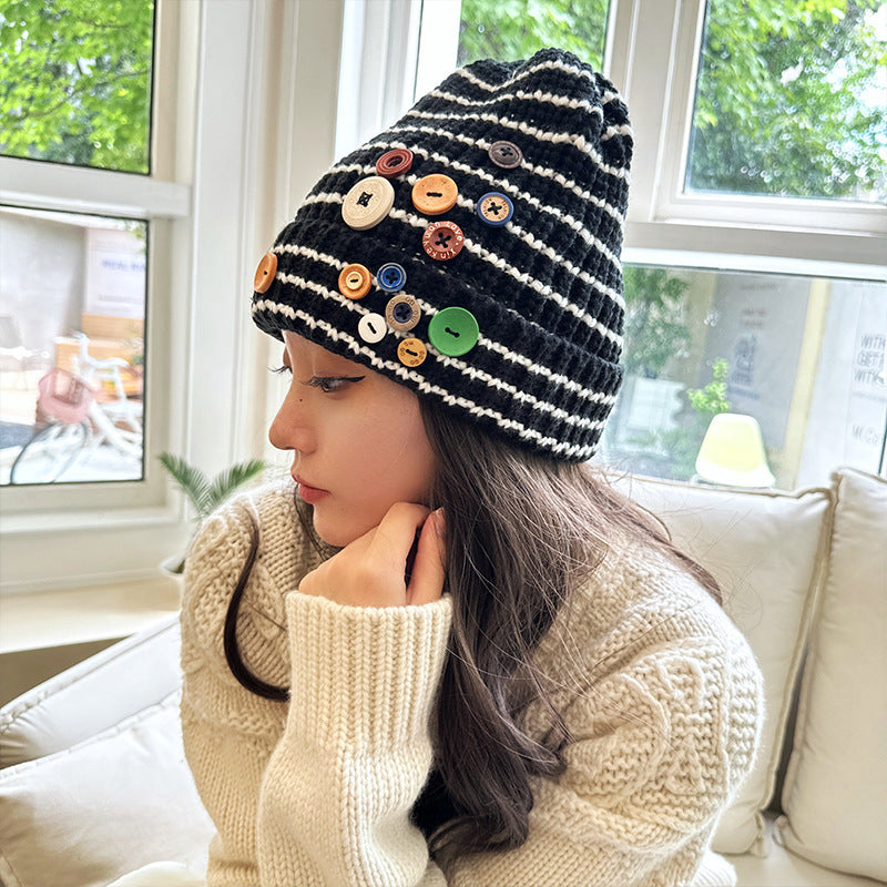 NEW Autumn And Winter Buttons Knitted Hat Warm Ear Protection All-match And Cute Pile Heap Cap