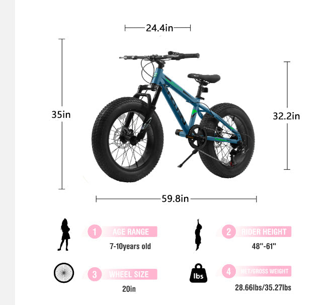 NEW V20235 20 Inch Fat Tire Bike Adult 7 Speed Mountain Bike, Dual Disc Brakes, High Carbon Steel Frame, Front Suspension, Mountain Buggy, City Commuter City Bike, Fat Tire Bike