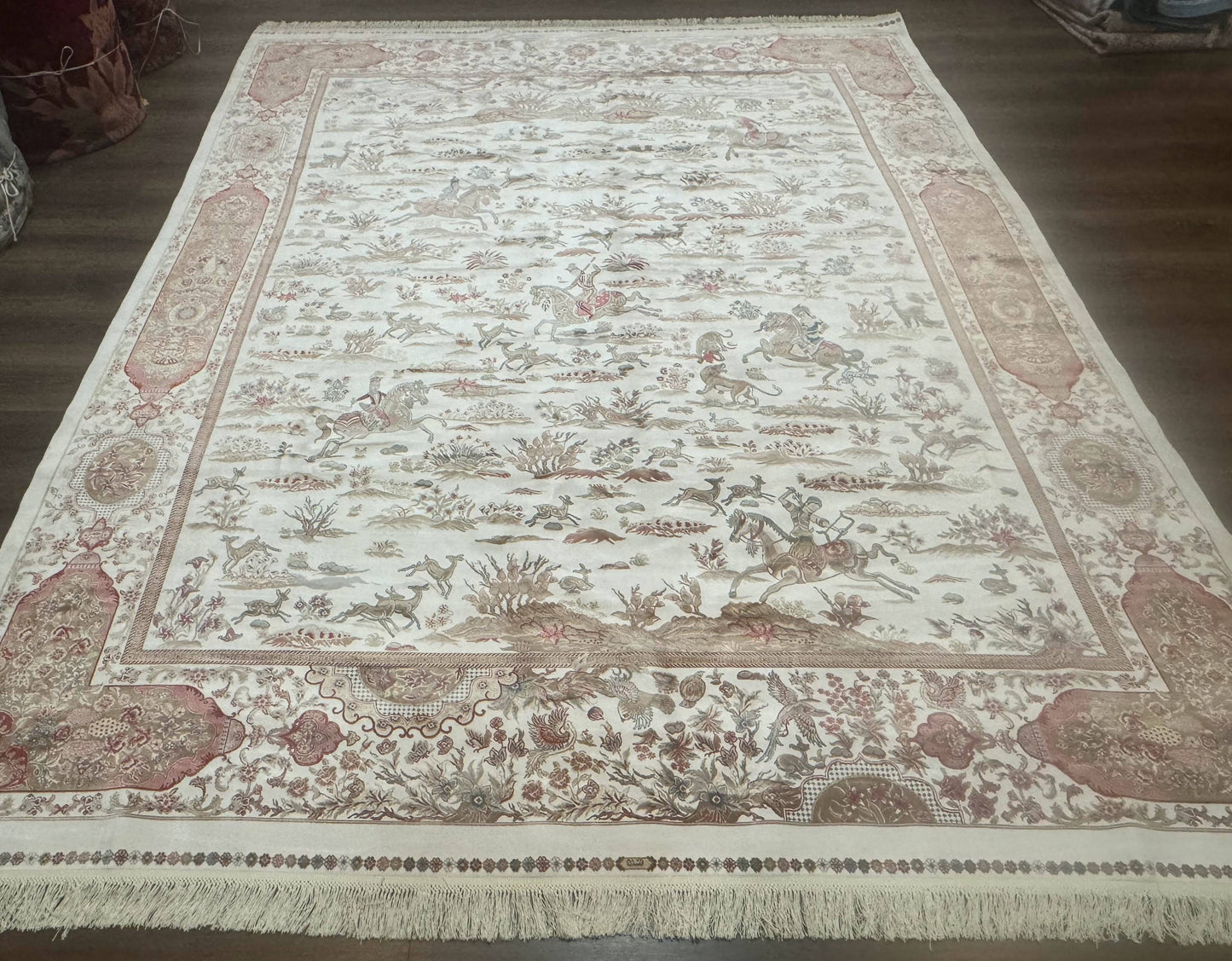 USED Large Turkish Silk Rug 8x10, Ivory, Hunting Design, Bamboo Silk, New
