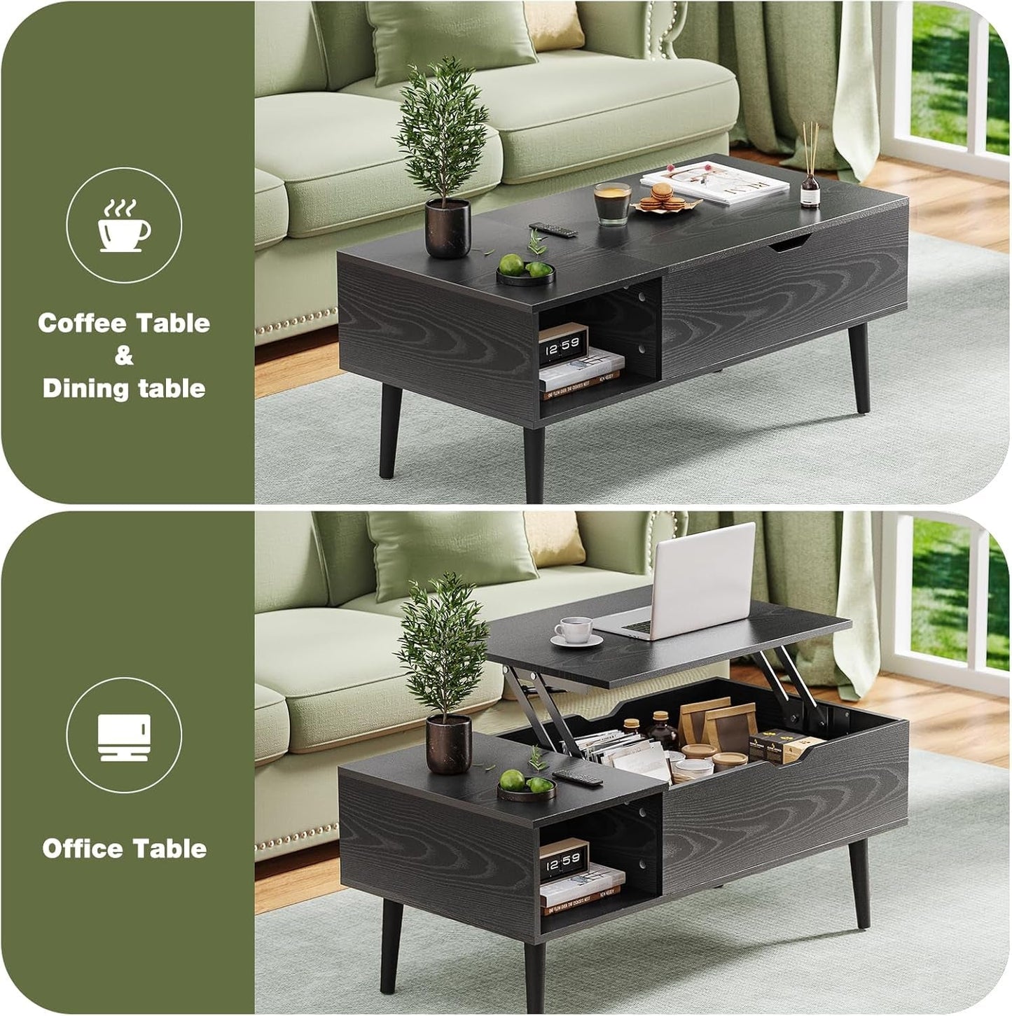 NEW Black Wood Lift Top Coffee Table With Hidden Compartment