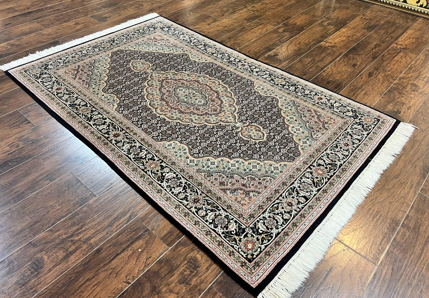 USED Sino Persian Rug 4x6, Fine Hand Knotted Carpet, Black, Wool, Vintage Rug 4 x 6, Herati Mahi, 300 KPSI