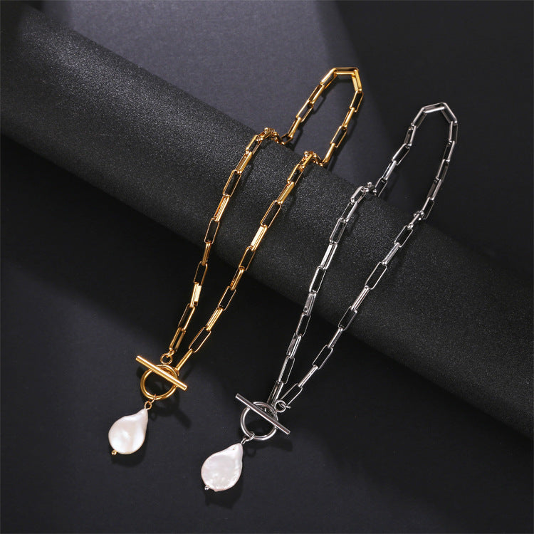 NEW 18K Gold Stainless Steel Clip Waterproof Pearl Water Drop Pendant Necklace For Women