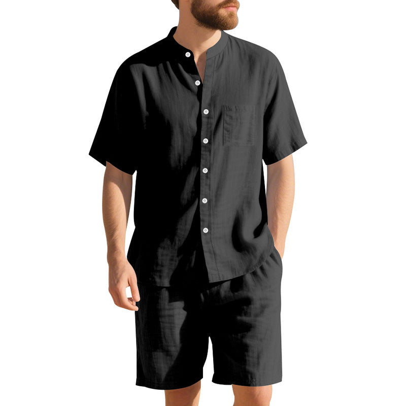 NEW American Linen Suit Men's Summer Two-piece Suit Henry Collar Beach