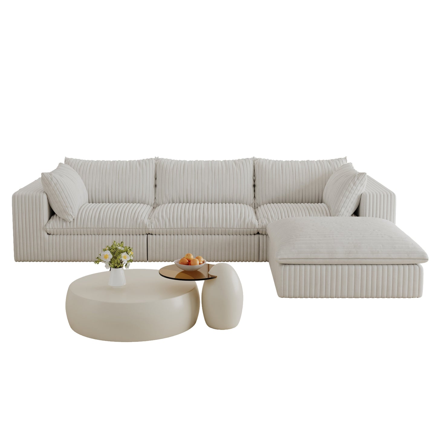 NEW 118.2' Cloud White Corduroy Fabric Deep Seat Double-Layer Design Couch Sofa with Removable Cushion