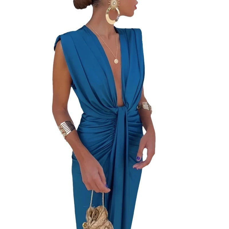 New Solid Color Lace High Waist V-neck Dress