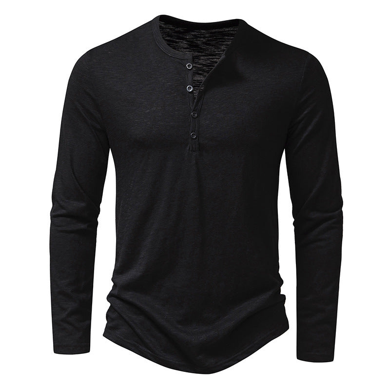 New Men's Long-sleeved T-shirt Fashion Casual Solid Color Pullover Button Top Autumn And Spring Clothing