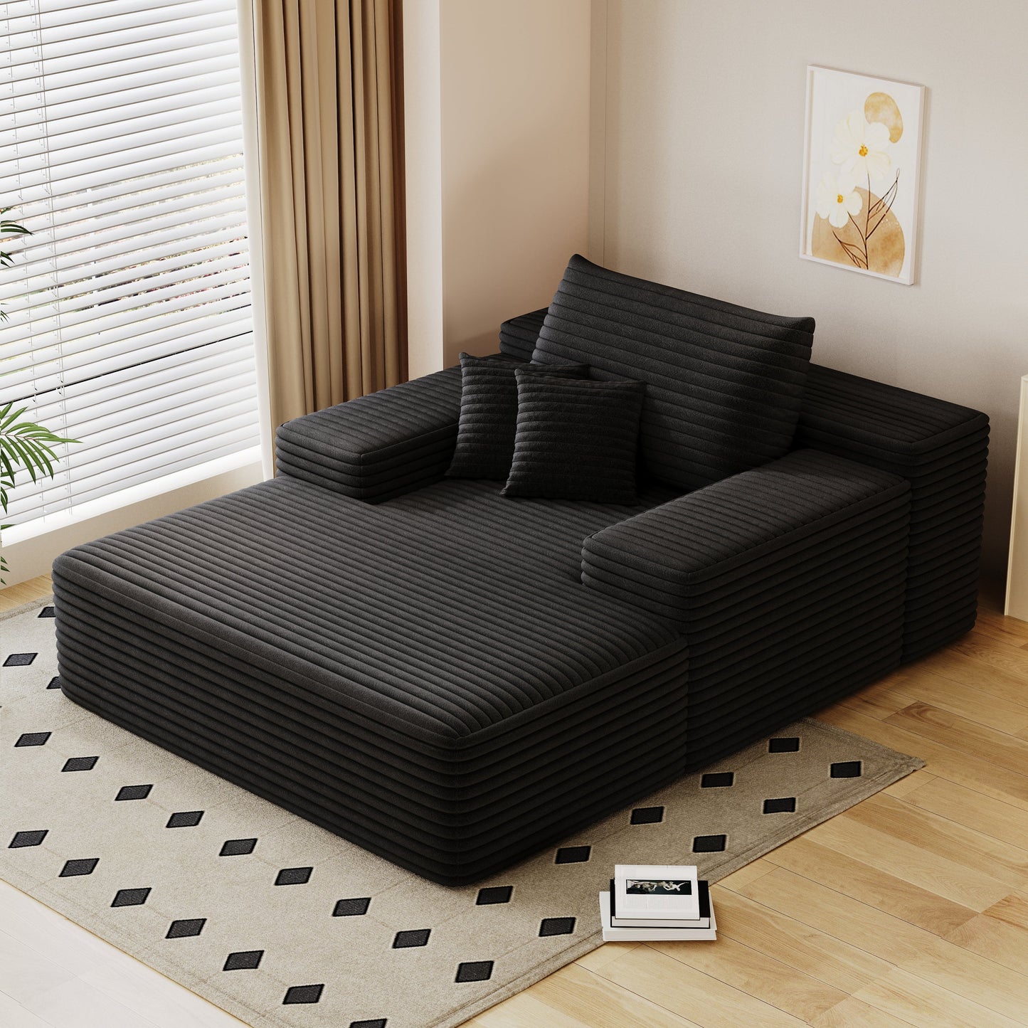 NEW Modern Black Plush Corduroy Fabric Sofa Bed Lounger